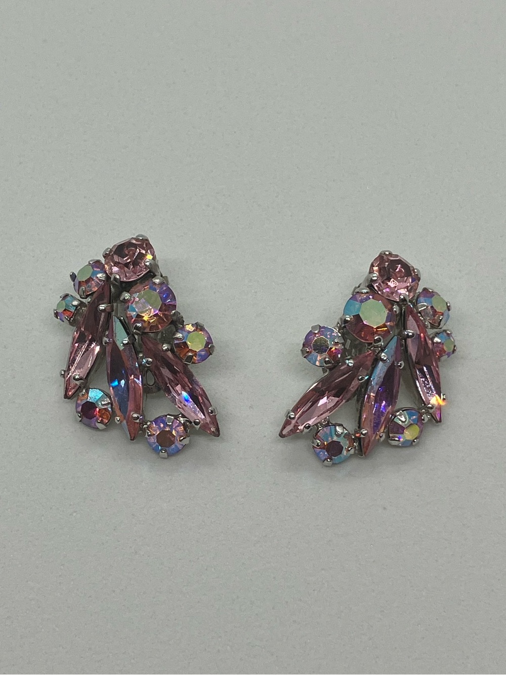 Vtg Sherman Pink AB Aurora Borealis Silver Tone Fan Clip On Earrings
